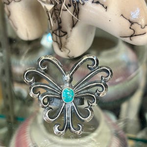 Tufa Cast Butterfly Sterling Silver Navajo Handmade Turquoise Ring 