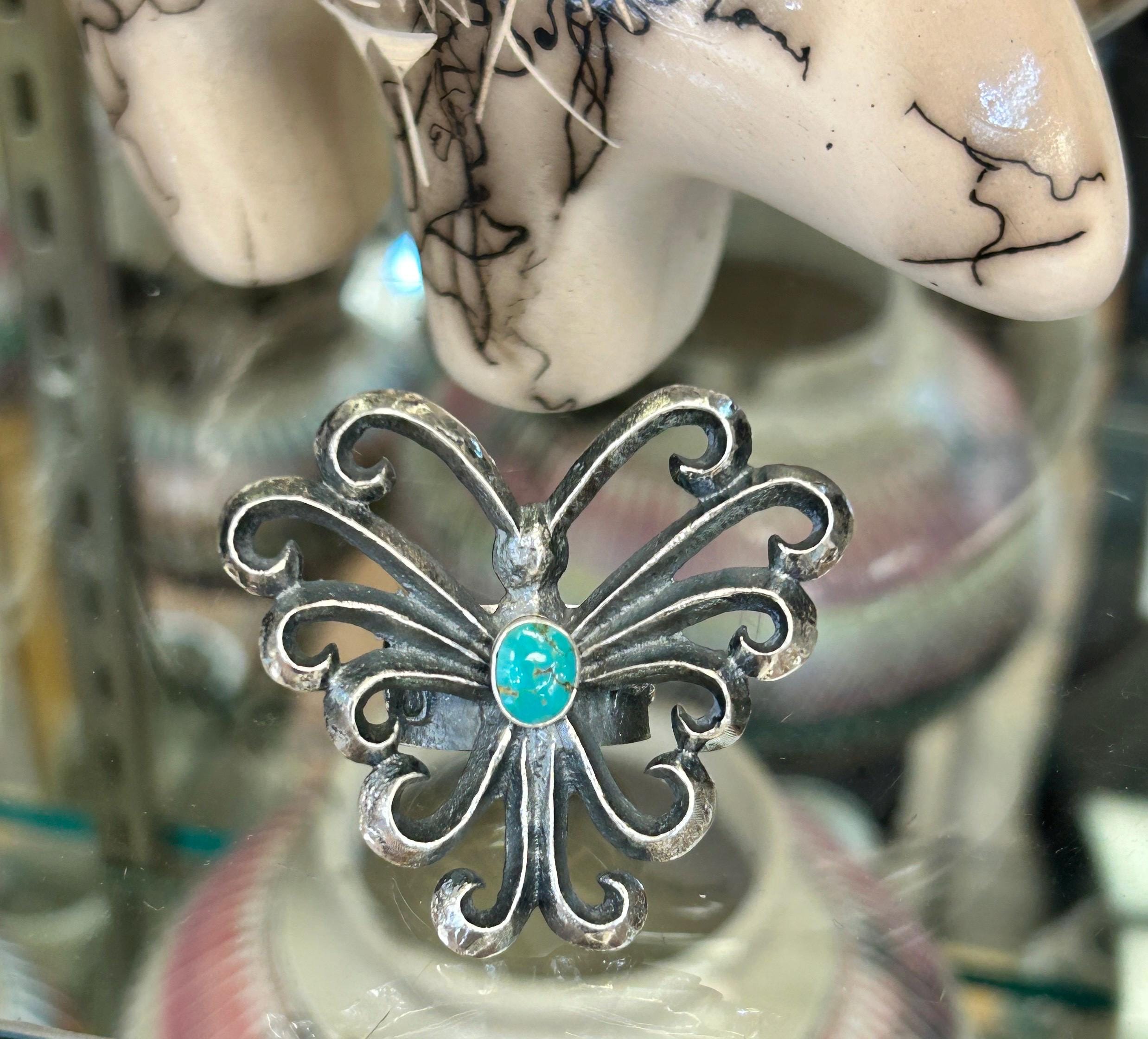 Tufa Cast Butterfly Sterling Silver Navajo Handmade Turquoise Ring 