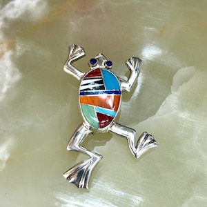 Multistone Inlay Colorful Navajo Handmade Sterling Silver Frog pendant and Pin (Brooch) 2 in 1