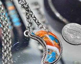 Navajo Handmade Moon Sterling Silver Turquoise and Spiny Oyster Pendant with Attached Chain