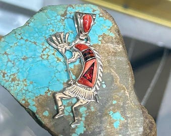 Red Spiny Oyster Shell Inlay Fire Opal Inlay Sterling Silver Kokopelli Navajo Handmade Pendant