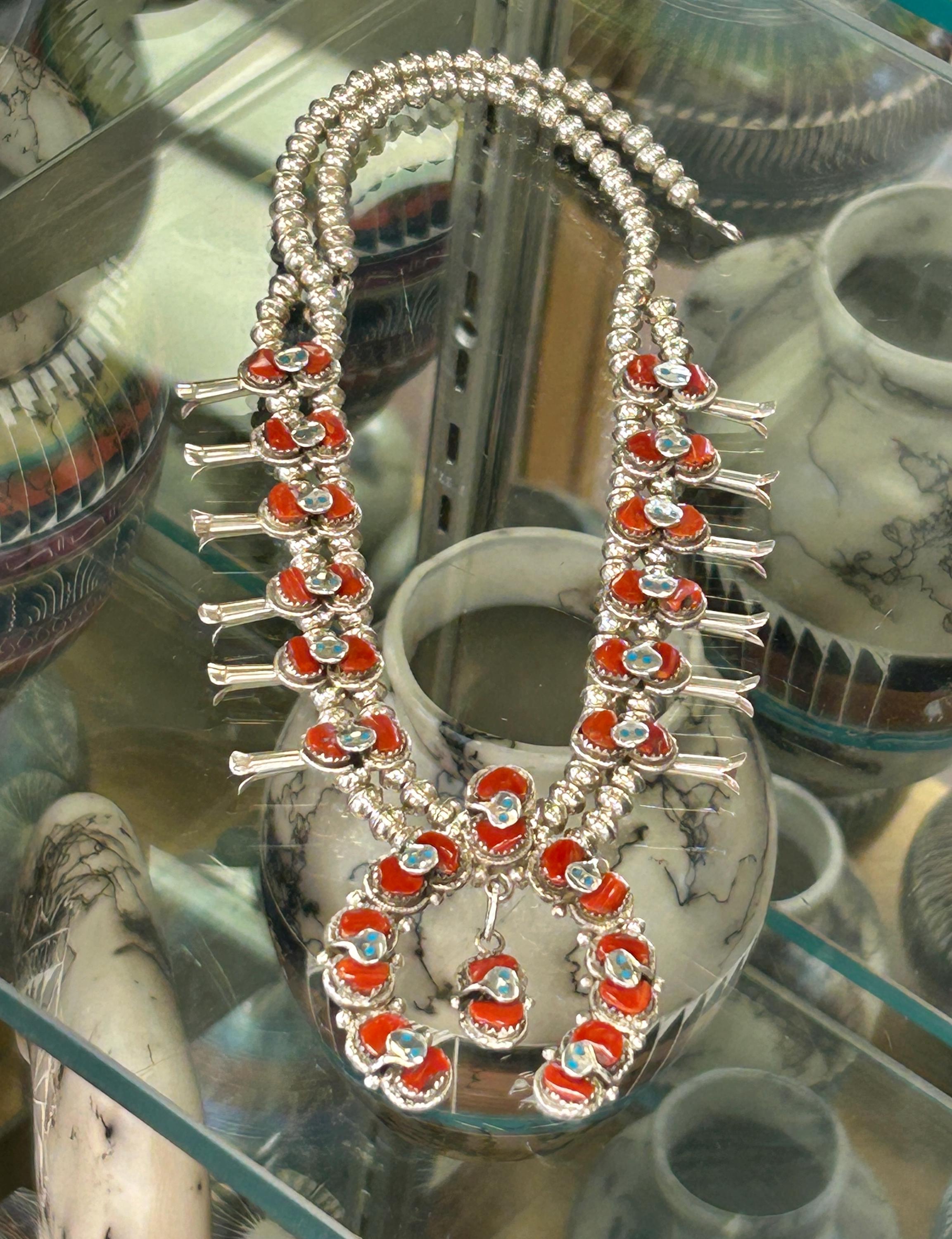 Zuni Snake Effie C. Mediterranean Coral Sterling Silver Squash