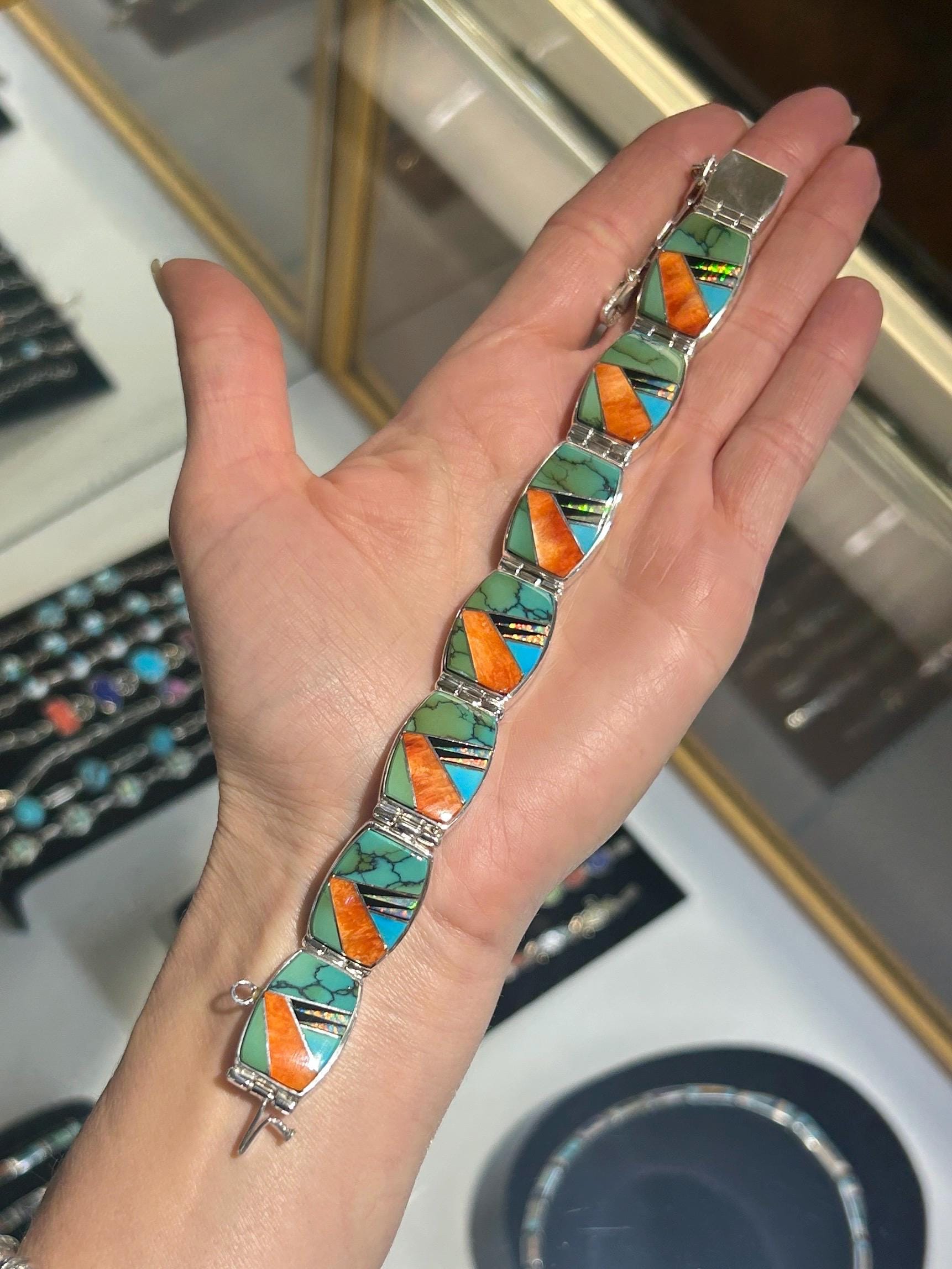 Phenomenal! Heavy Sterling Silver Multistone Turquoise Inlay Opal