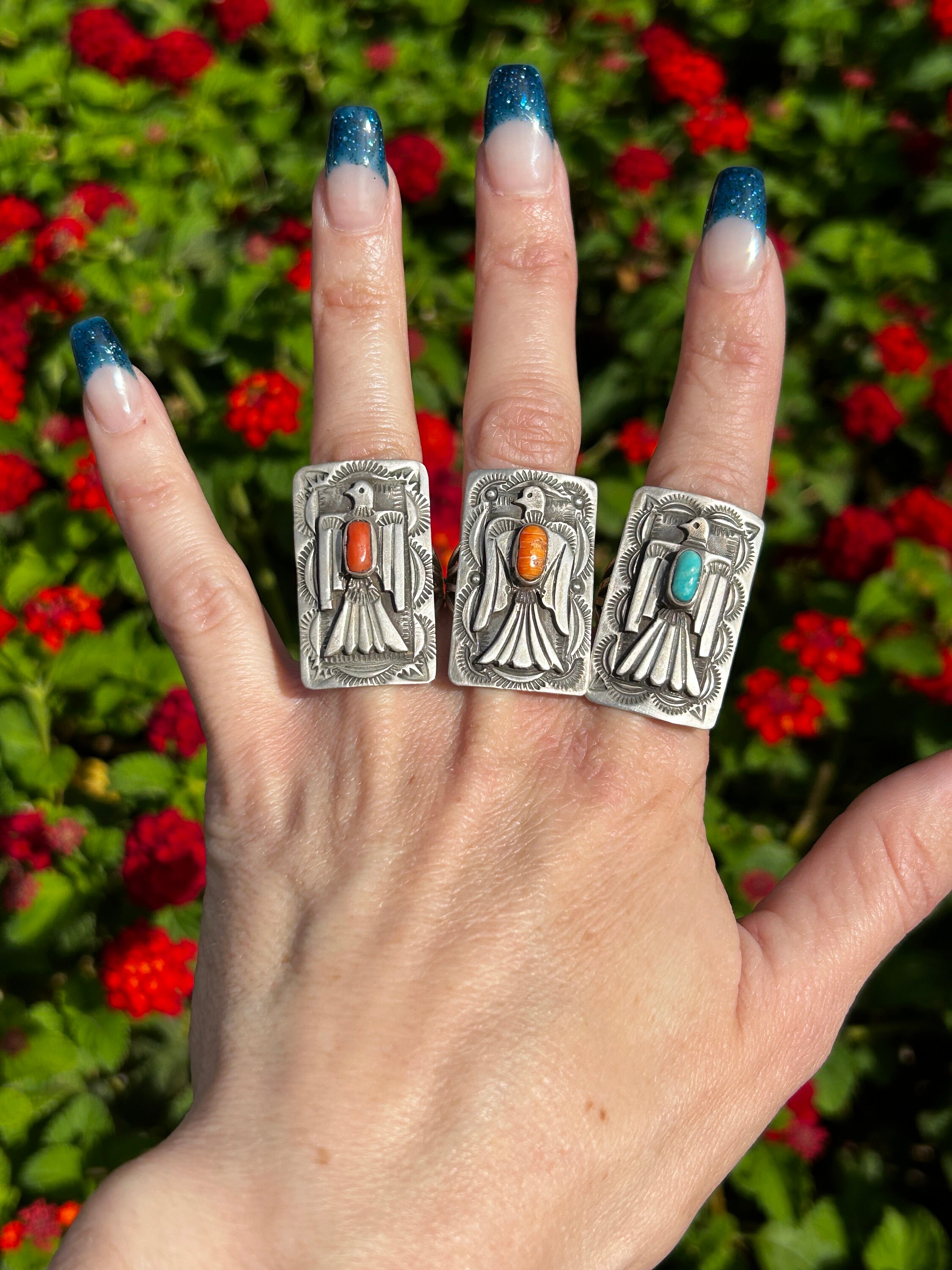 Thunderbird Sterling Silver Turquoise + Coral + Orange Spiny