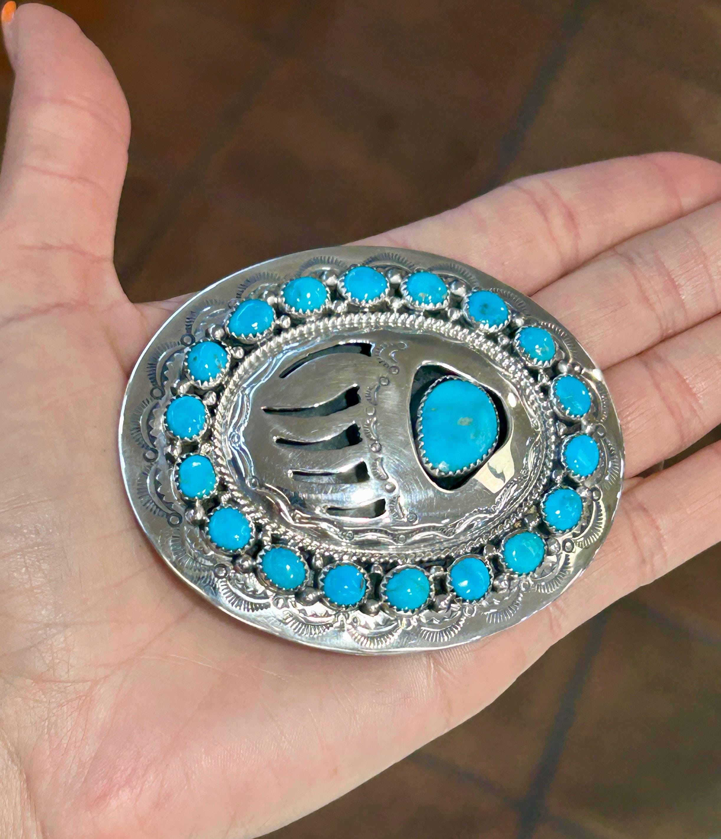 Dan Oliver - Navajo Bear Claw Overlay Sterling Silver Turquoise‎ Belt Buckle Sterling silver dress buckle for sale main image 3