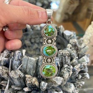 Sonoran Gold Turquoise 3 Stone 3” Sterling Silver Navajo Handmade Pendant
