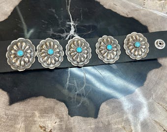 Genuine Black Leather Sterling Silver Turquoise Concho Bracelet