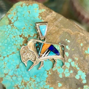 Multistone Sterling Silver Navajo Handmade Buffalo Pendant /Comes with a Sterling Silver Chain