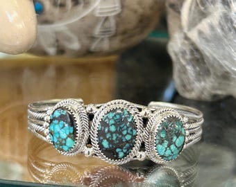 Spiderweb Turquoise Navajo Handmade Sterling Silver 3 Stone Cuff Bracelet