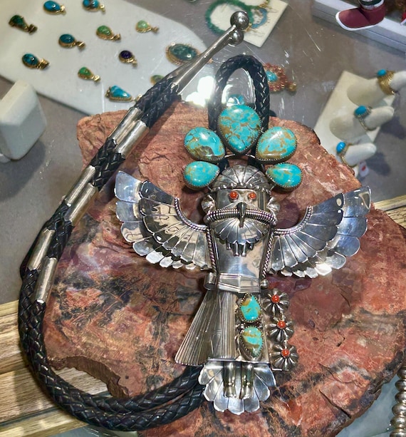 Navajo Handmade Sterling Silver and Coral Large Eagle Dancer