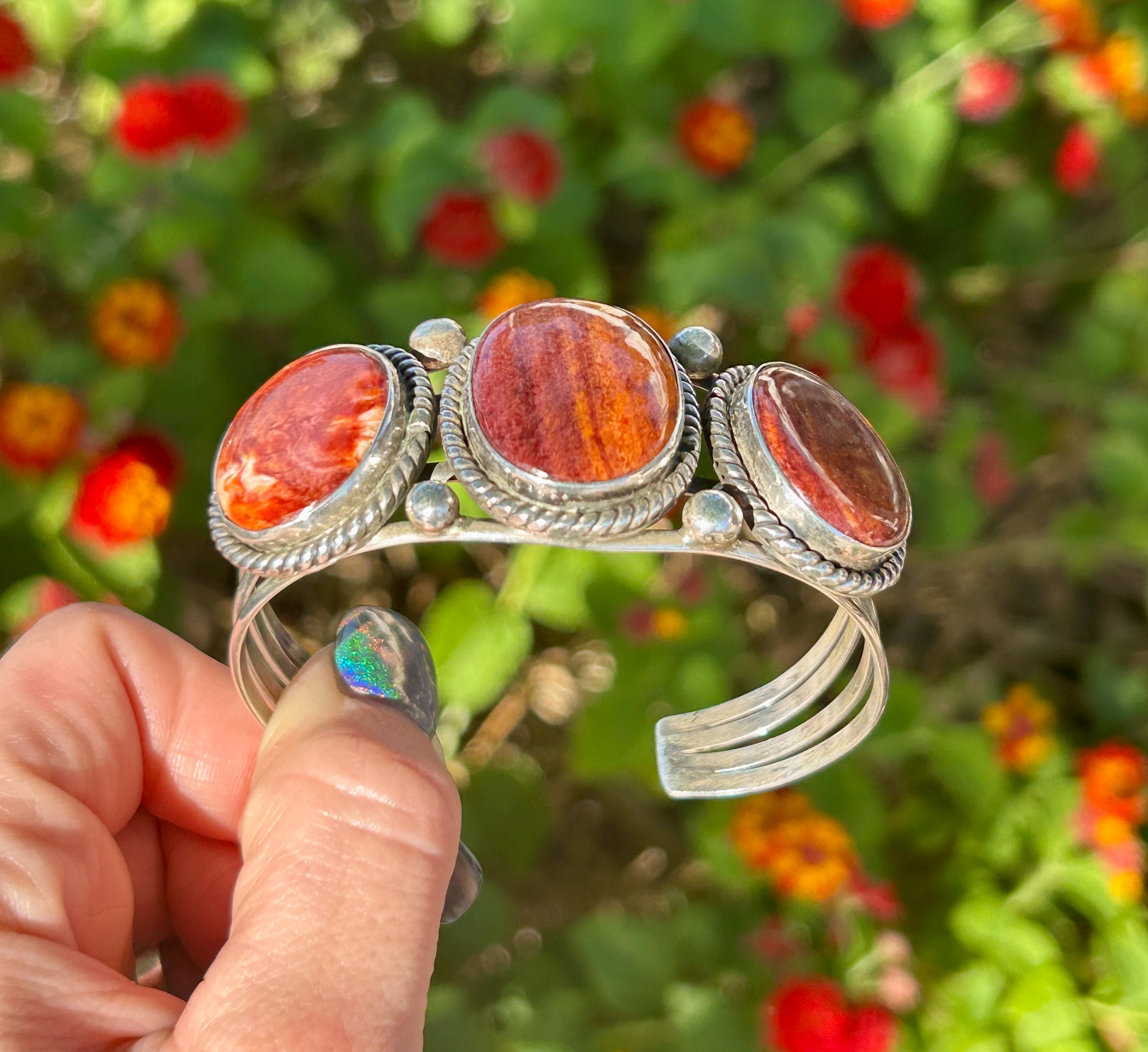 Orange Spiny Oyster Shell 3 Stone Sterling Silver Navajo Handmade