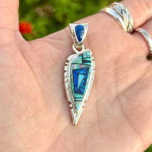 Spiderweb Opal Inlay Sterling Silver Navajo handmade Pendant/With Sterling Silver Chain
