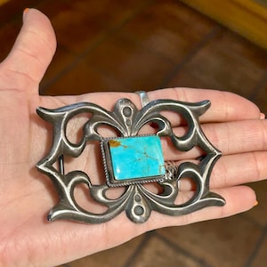 Sandcast Sterling Silver Navajo Handmade Turquoise Belt Buckle