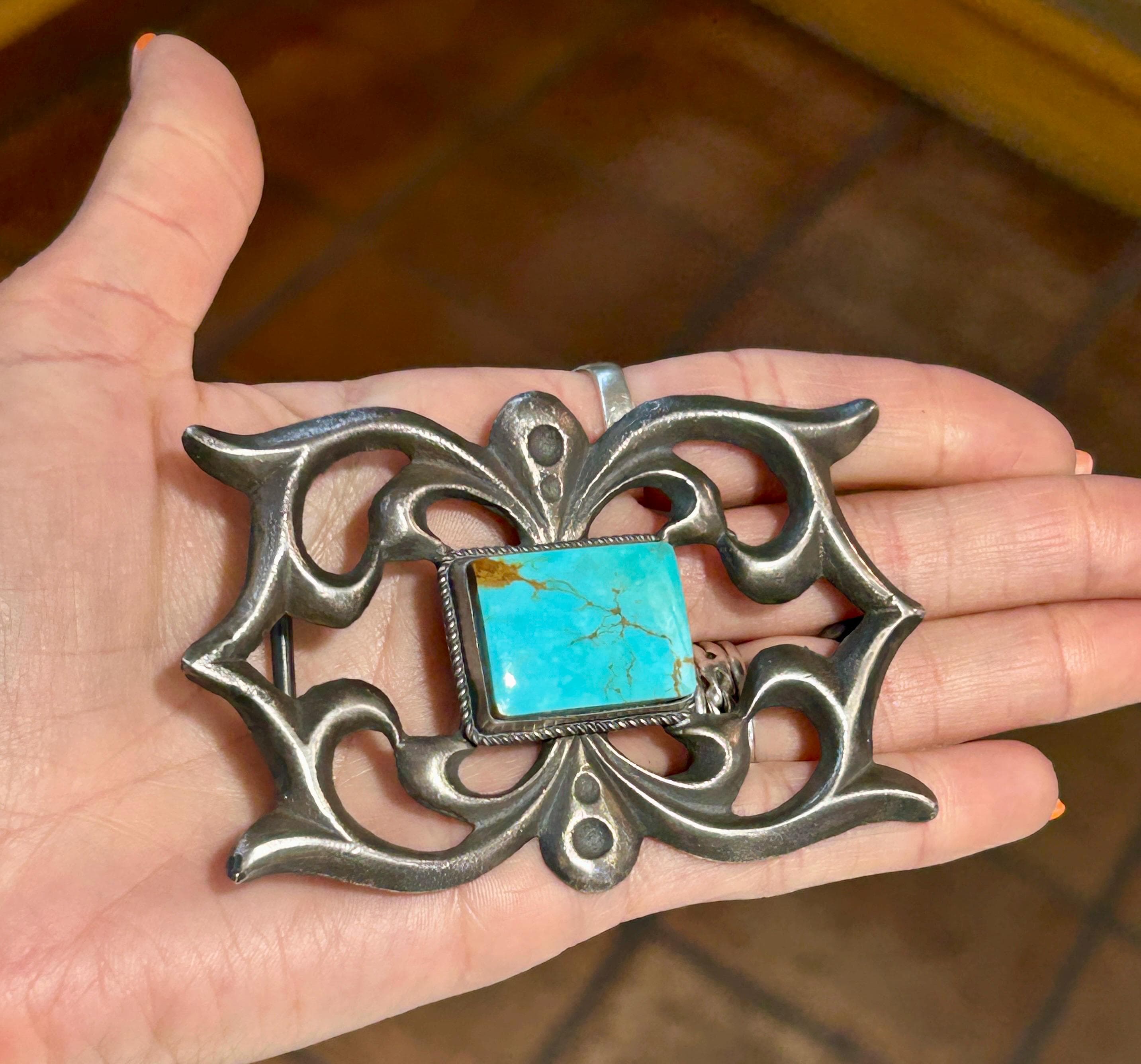 ベルト BIG HAND 2009 Hand Made Buckle Turquoise Sandcast Sterling Silver Navajo Handmade Turquoise Belt Buckle - Etsy