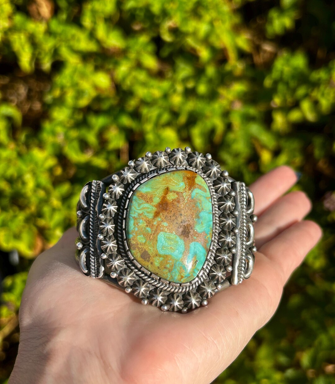 Kingman Turquoise Thick Heavy Sterling Silver Navajo Handmade Men’s ...