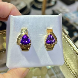 Trillion Cut Amethyst 14Kt Gold Post Dangle Earrings