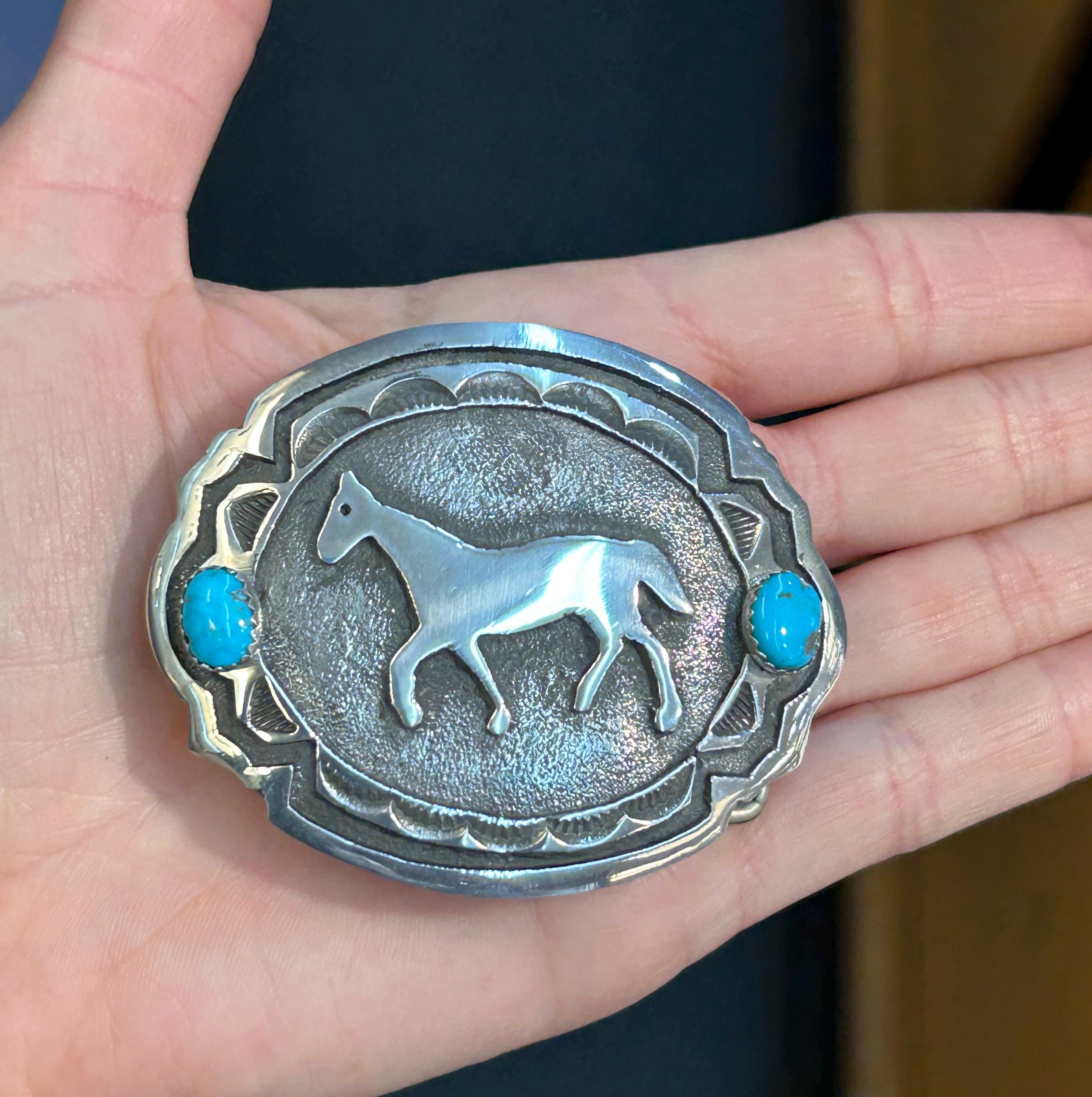 Navajo Handmade Turquoise Horse Sterling Silver Belt Buckle  display picture 2