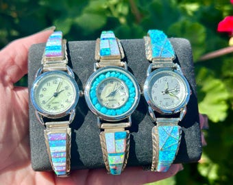 Navajo handgemachte Opal eingelegte Sterlingsilber Stretch Damen Uhren