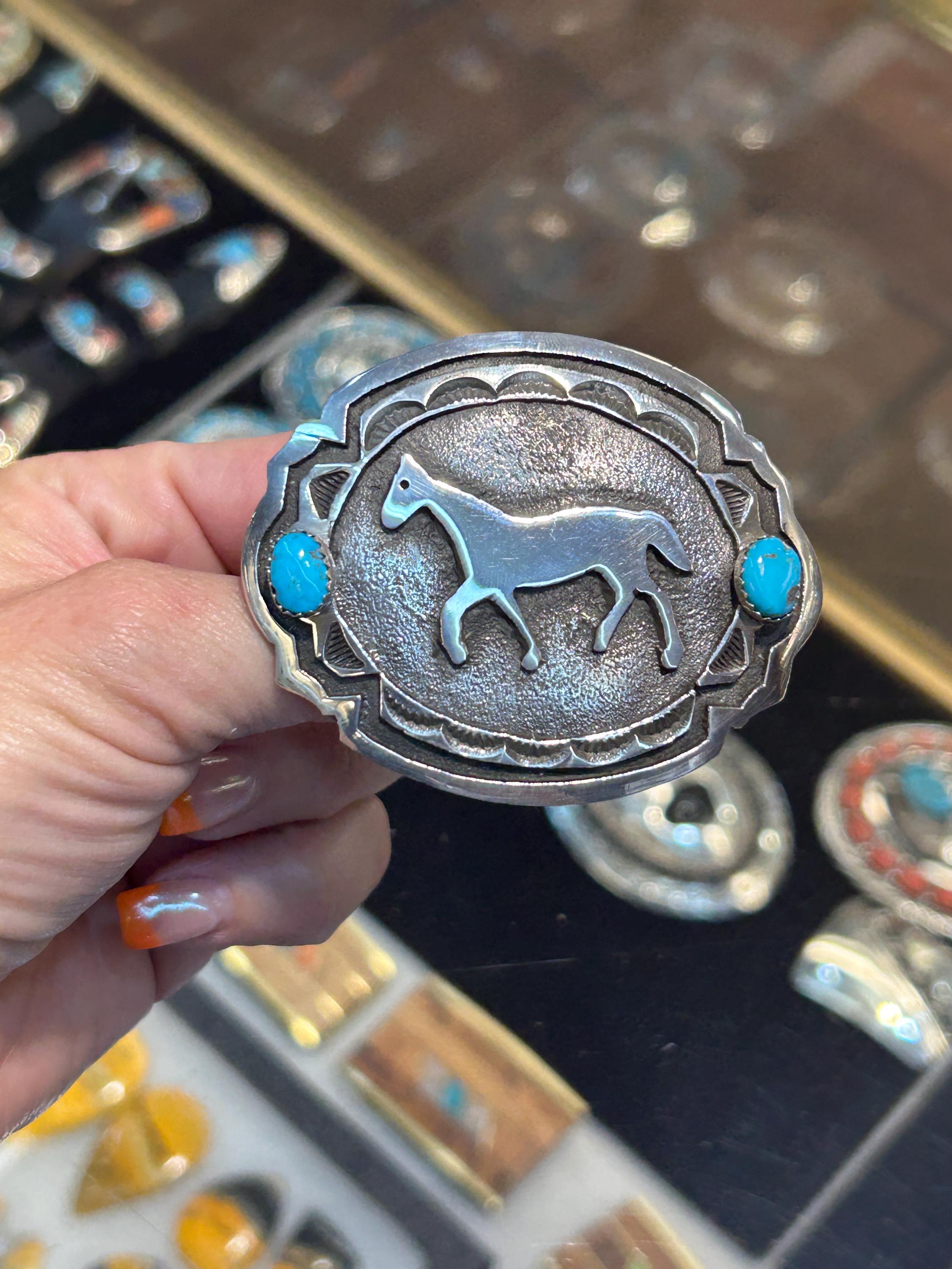 1960s Native American NAVAJO Sterling Silver Turquoise Belt Buckle Cowboy Horse Unique Vintage Alpaca Horse Head silver tone/ turquoise  main image 4