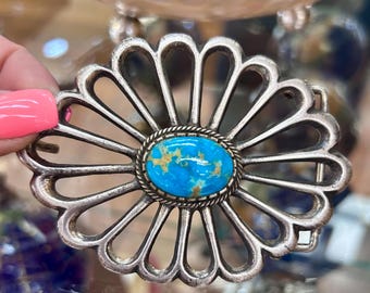 Hebilla de cinturón grande de plata de ley con turquesa fundida en arena, estilo Navajo, hecha a mano, para hombre/mujer.