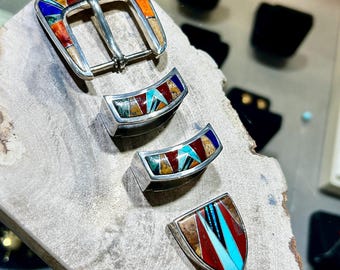 4 Piece Ranger Belt Buckle | Zuni Inlay Style | Sterling  display picture 3