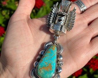 Large Crow Mother Kachina Kingman Turquoise Sterling Silver Navajo handmade Pendant/Henry Yazzie