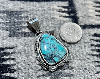 Navajo Handmade Timberline Nevada Turquoise Sterling Silver Mens/Womens Pendant