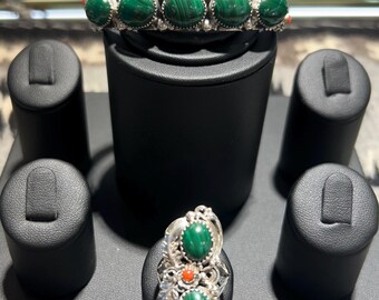 Joe Quiyo Malakitdetaljerat invecklat bladsymboliskt sterlingsilverkorallarmband och ring