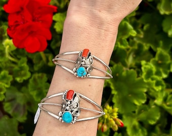Coral and Turquoise Sterling Silver Leaf/Flower Navajo Handmade Cuff Bracelets