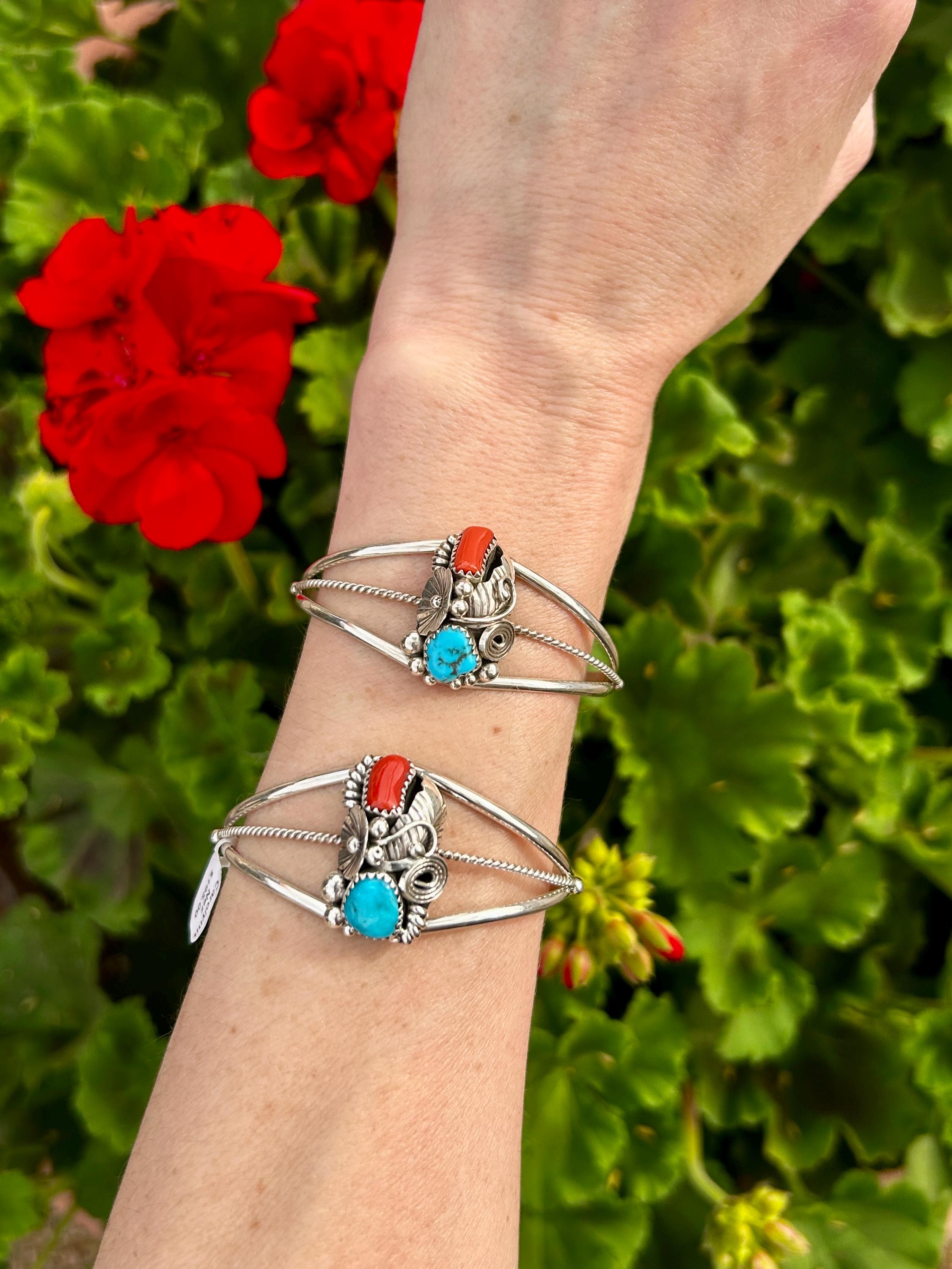 Coral and Turquoise Sterling Silver Leaf/flower Navajo  display picture 3