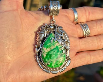 Navajo Handmade Black Ridge Variscite Lizard Pendant, Sterling Silver