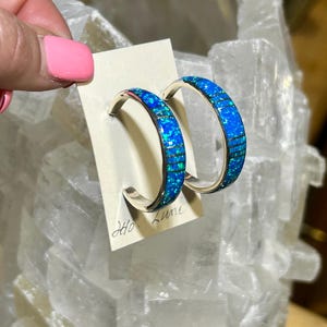 Zuni Handmade Blue Opal Inlay Sterling Silver Half Hoop Earrings