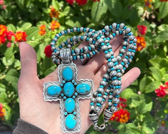 Leo Feeney Vintage Kingman Turquoise Sterling Silver Navajo Handmade Large Cross Pendant W Sleeping Beauty Turquoise Navajo Pearl 3 Strand