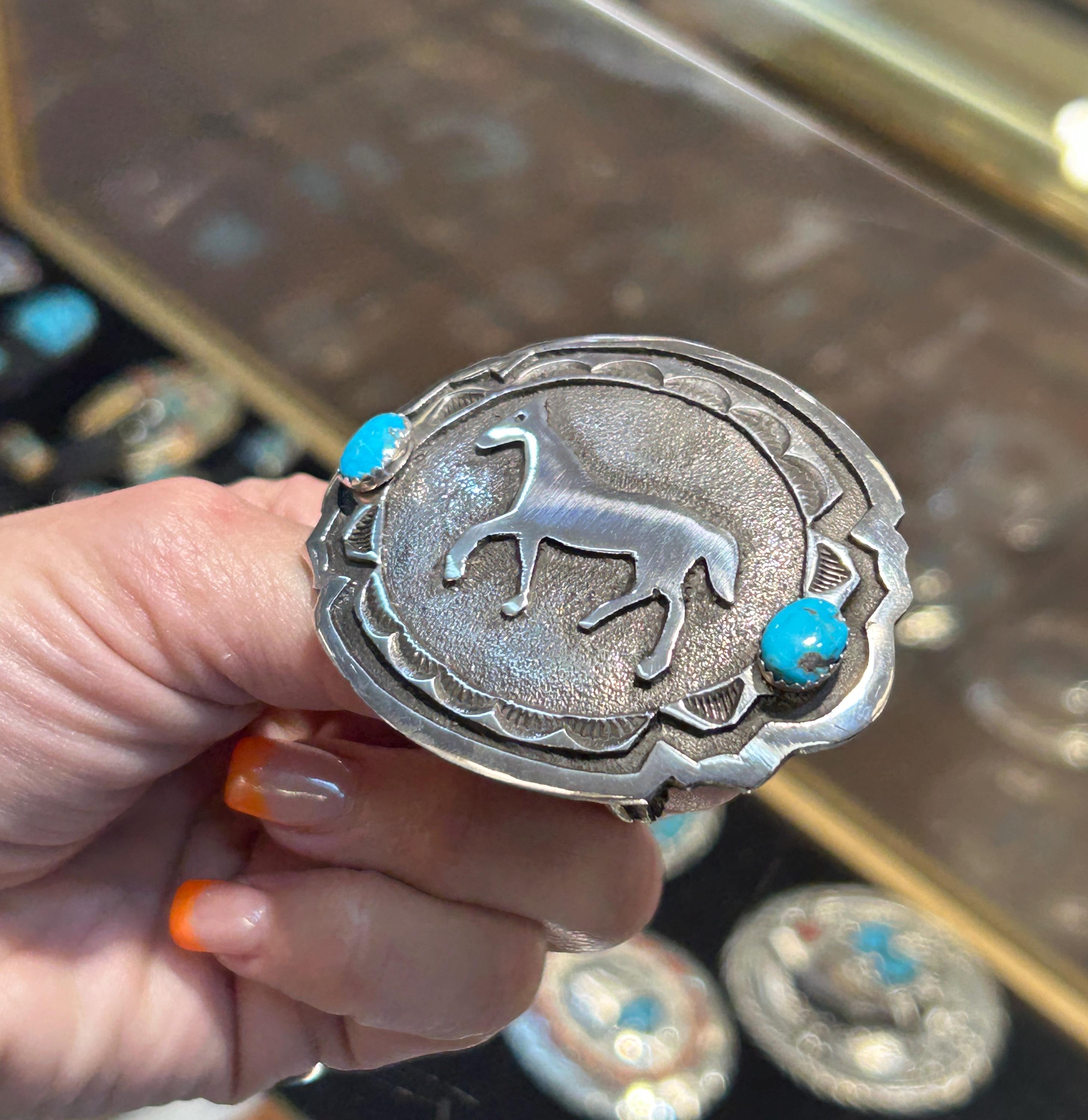 Navajo Handmade Turquoise Horse Sterling Silver Belt Buckle 