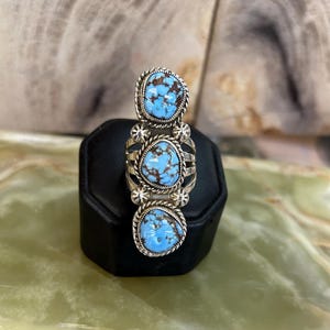 Golden Hills Turquoise 3 Stone Sterling Silver Navajo Handmade Ring