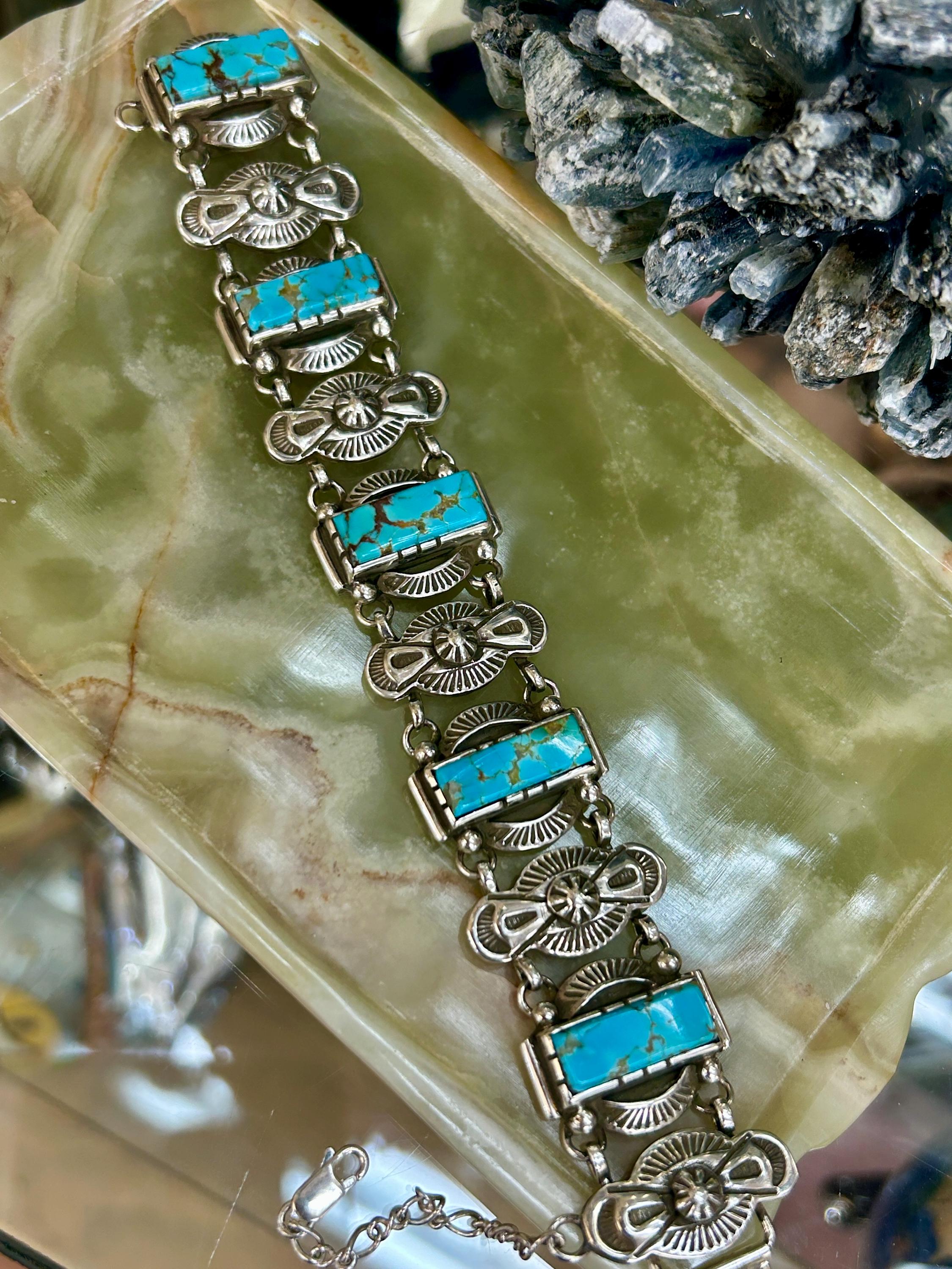 Navajo Handmade Kingman Turquoise Heavy Thick Sterling Silver Link