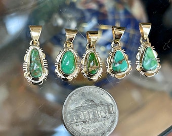 Petite Small 14K Gold Navajo Handmade Rick Tolino Stennich Nevada Turquoise Small Pendant