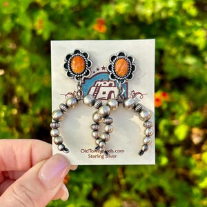 Orecchini in argento sterling con conchiglia di ostrica spinosa arancione e perla Navajo, fiori di zucca Naja