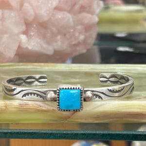 Enkelt fyrkantigt turkos sterlingsilverarmband i Navajo-stil med sten, handgjort unisex-manschett