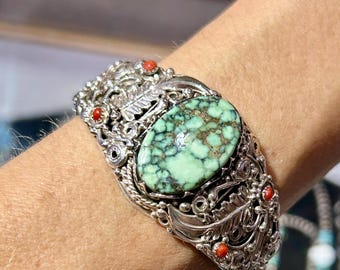 Spiderweb Variscite And Coral Sterling Silver Navajo Handmade Joe Quiyo Cuff Bracelet