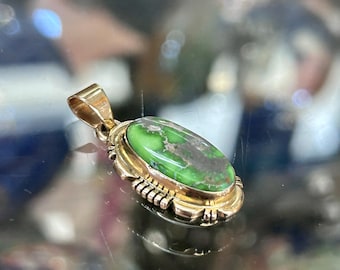 Green Carico Lake Turquoise 14KT Gold Navajo Handmade Rick Tolino Pendant