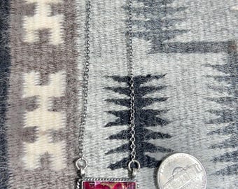 Danity Red Rose Dahlia Sterling Silver Navajo Handmade Bar Pendant Necklace attached Sterling Silver chain