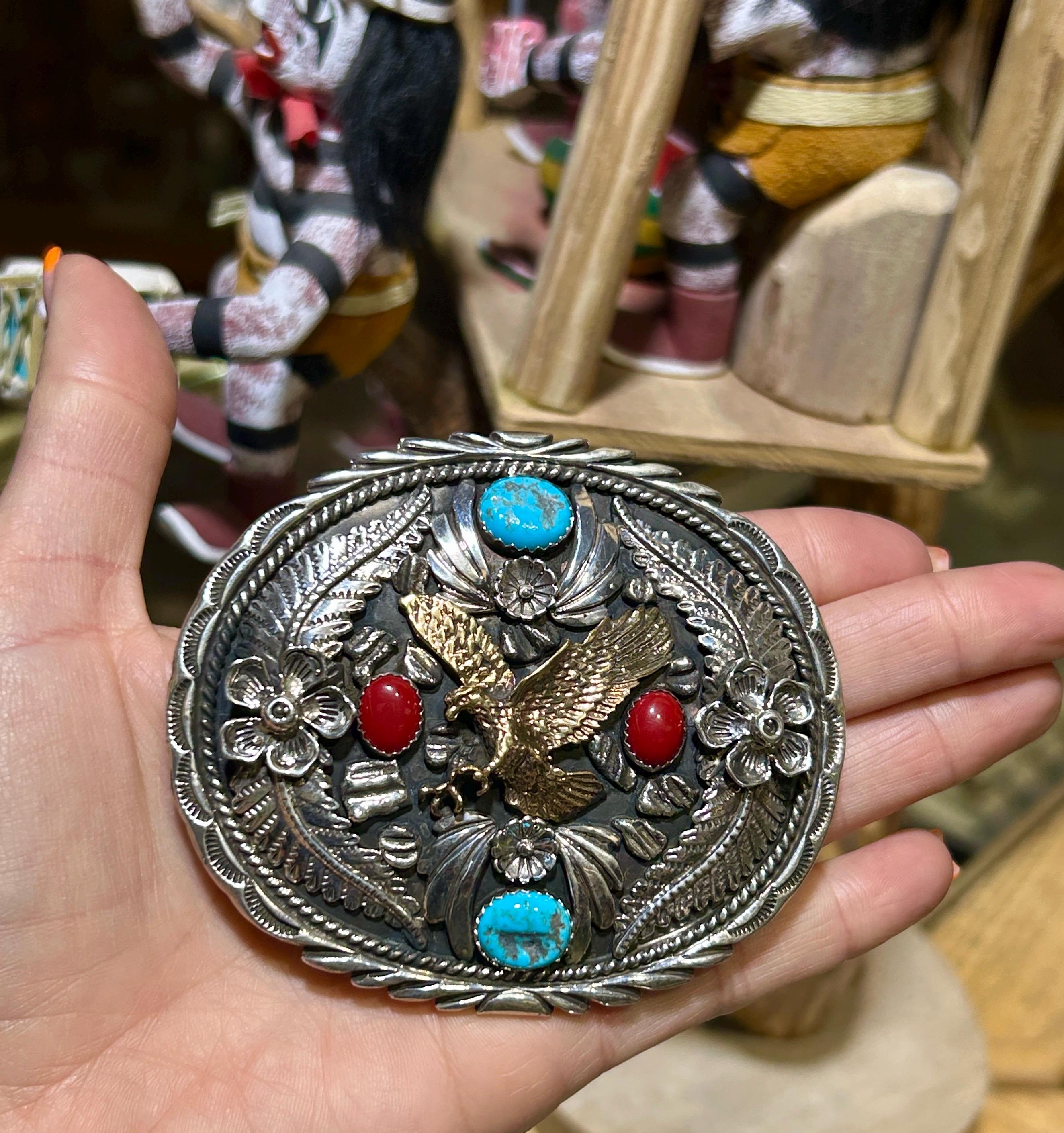 Navajo Handmade Sterling Silver Detailed Turquoise and Coral  display picture 1