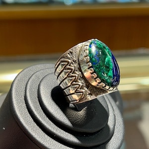Azurit hamrad sterlingsilver Navajo handgjord tjock herr-/damring