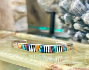 Multistone Colorful Inlay Sterling Silver Navajo Handmade Cuff Bracelet
