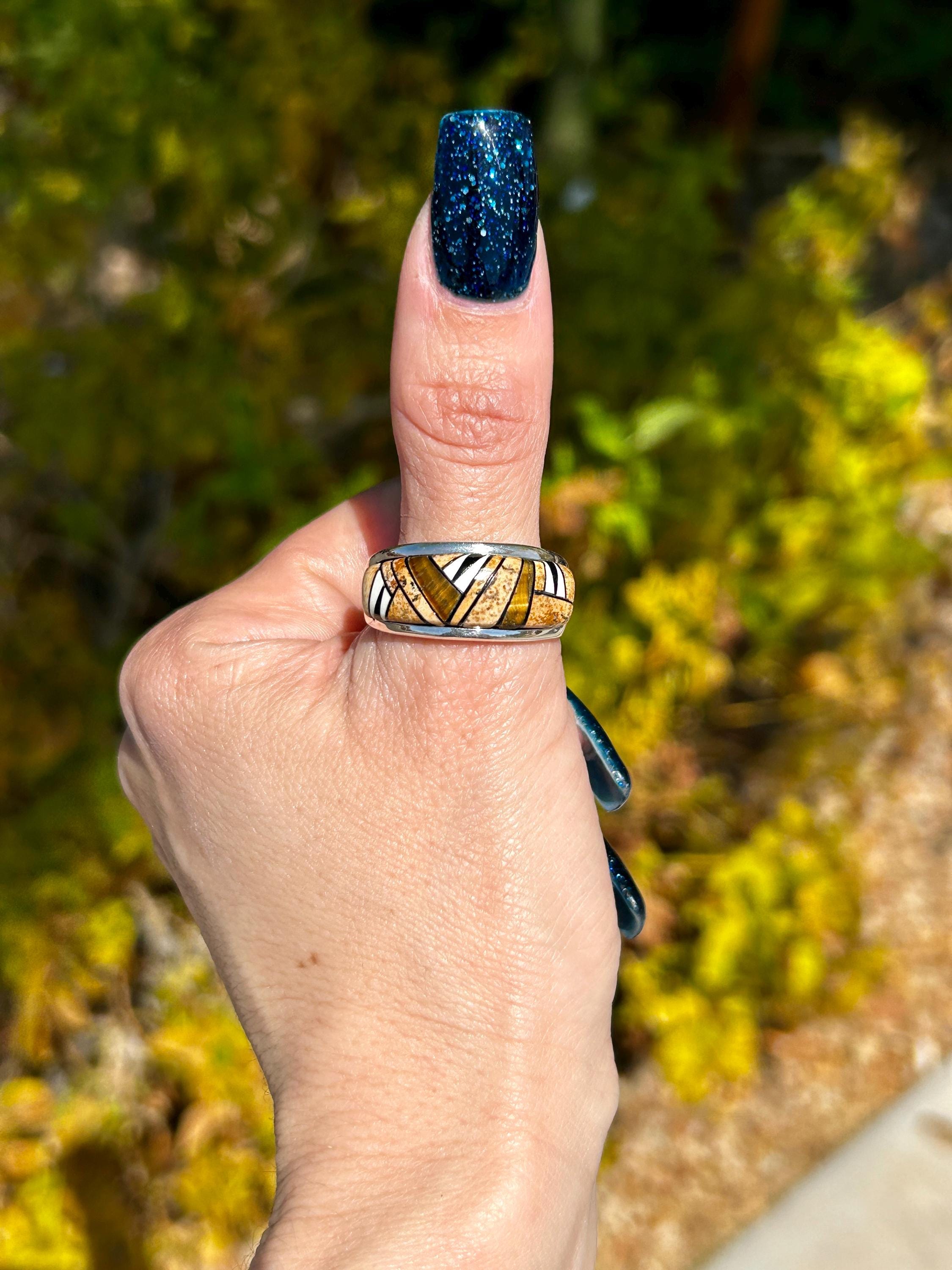 Tigers Eye/jasper/onyx Inlay Sterling Silver Navajo Handmade