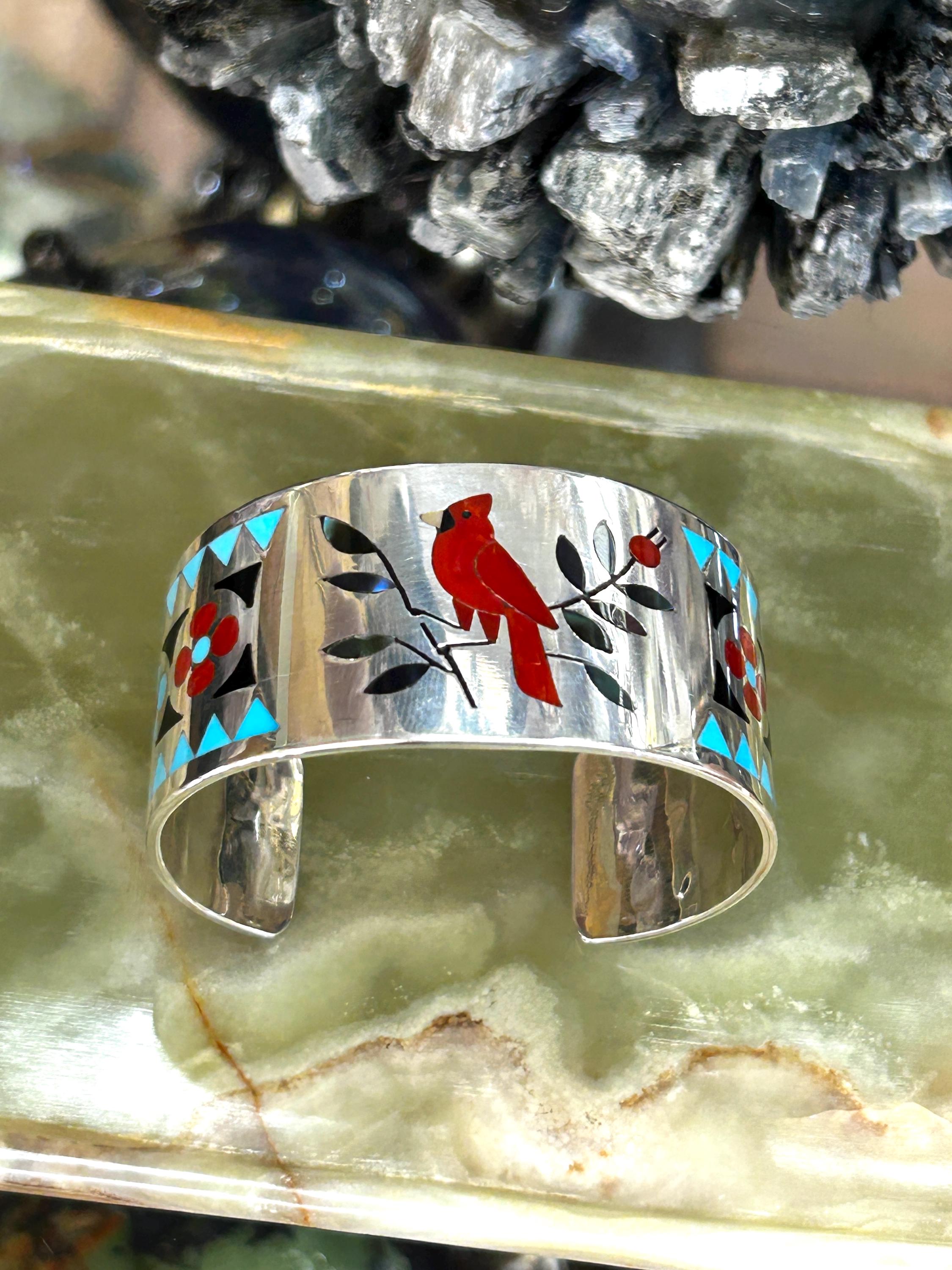Vintage Zuni Sterling Silver Cuff Bracelet: Coral Cardinal
