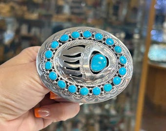 Dan Oliver - Navajo Bear Claw Overlay Sterling Silver Turquoise Belt Buckle‎ Dan Oliver - Navajo Bear Claw Overlay Sterling Silver  main image 2
