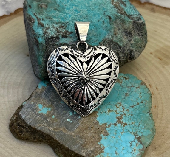 Large Sterling Silver Navajo Handmade Heart Pendant With Sterling