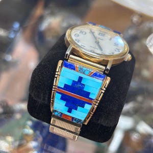 14K Gold Tom David Multistone Watch, Turquoise Coral Lapis Inlay, Spiderweb Turquoise Band